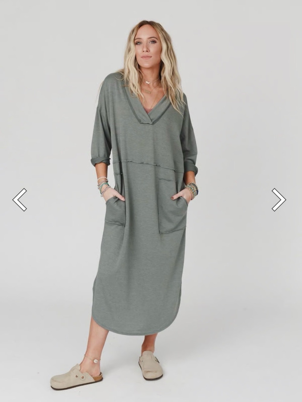 Three Bird Nest Relaxed V‑Neck Maxi Dress - Sage Green